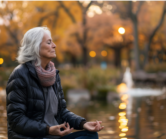 An elderly woman meditates peacefully by a pond with a soft smile, surrounded by autumn trees and serene golden light, creating a calm atmosphere.