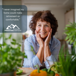to show a happy woman who got a retirement mortgage